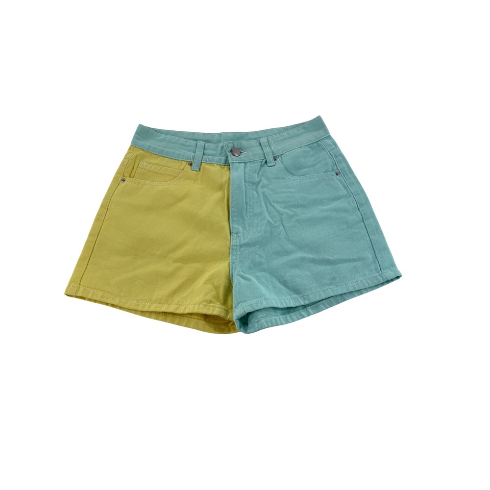 SHEIN Denim Shorts M Colorblock Heart Pocket Yellow Aqua Blue High Waisted